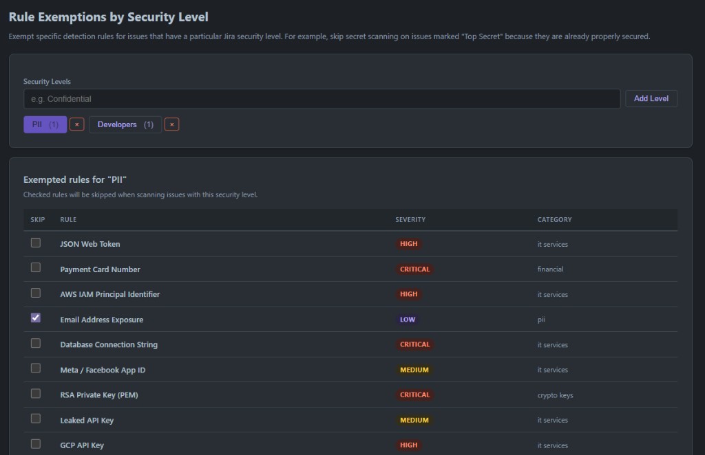 Rule exemptions by security level