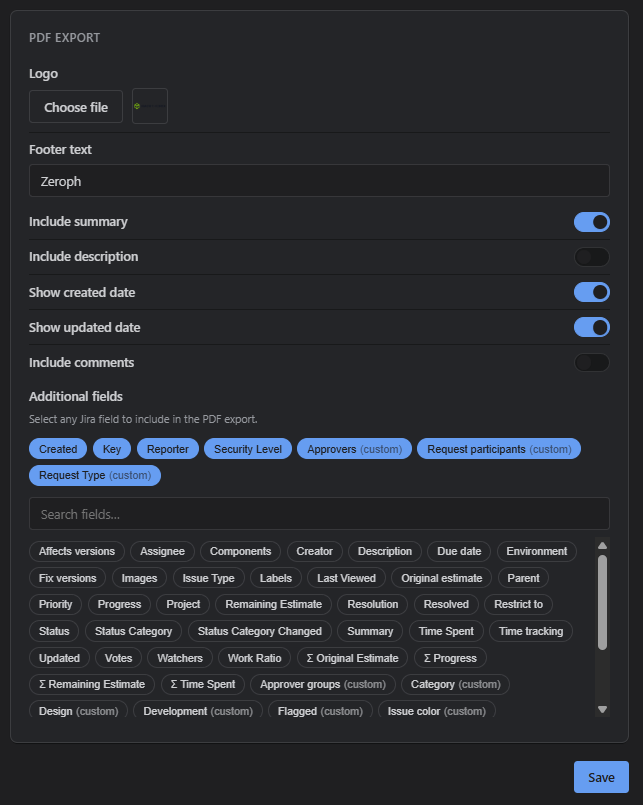 PDF export customization settings