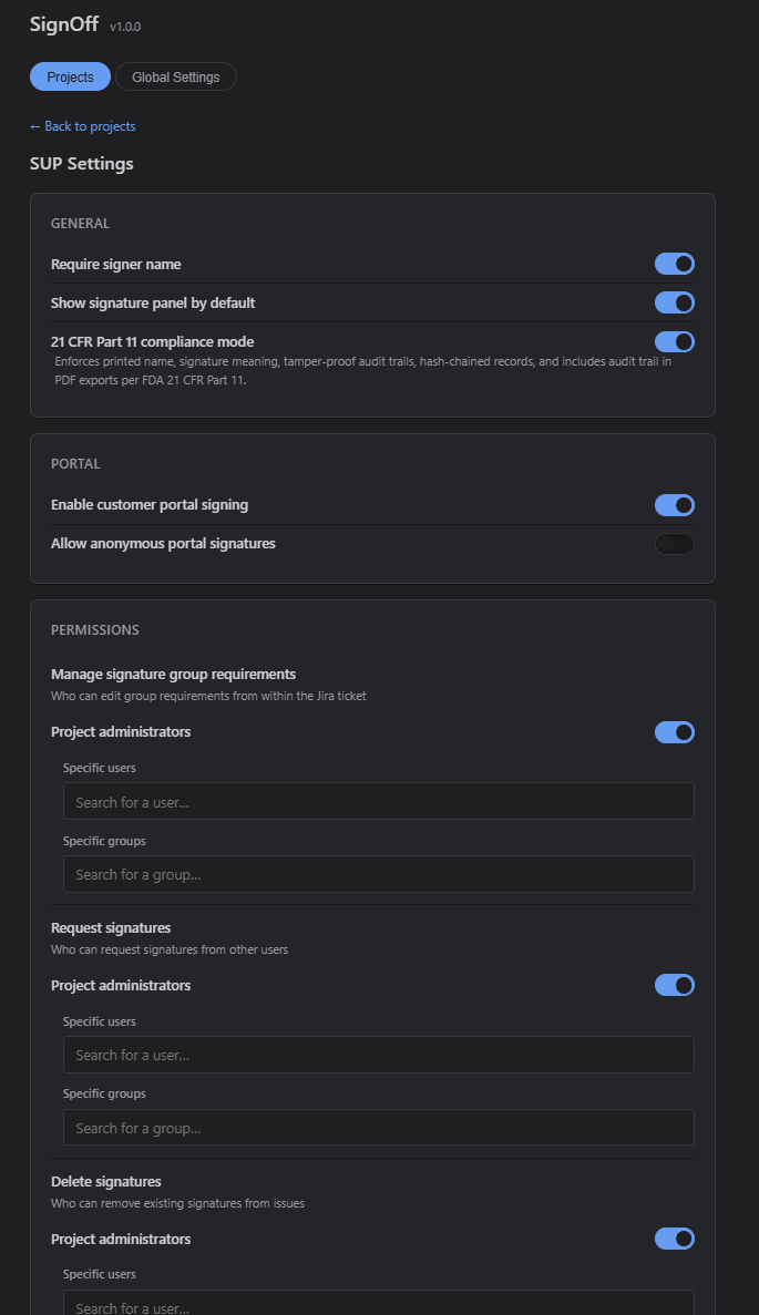 SignOff project settings page
