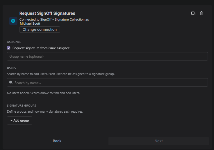 Request SignOff Signatures automation action configuration