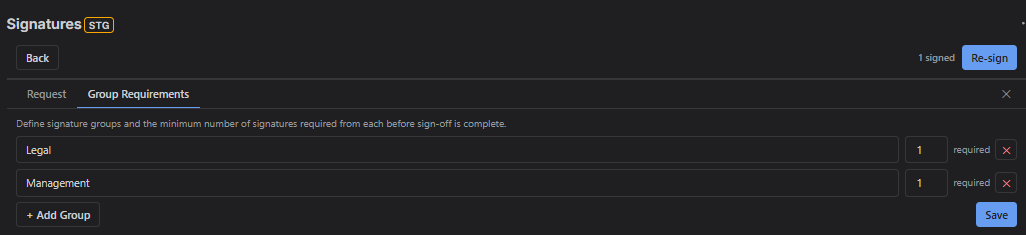 Configuring signature group requirements