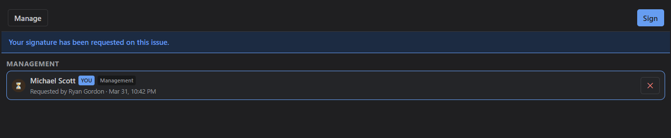 A pending signature request with group assignment