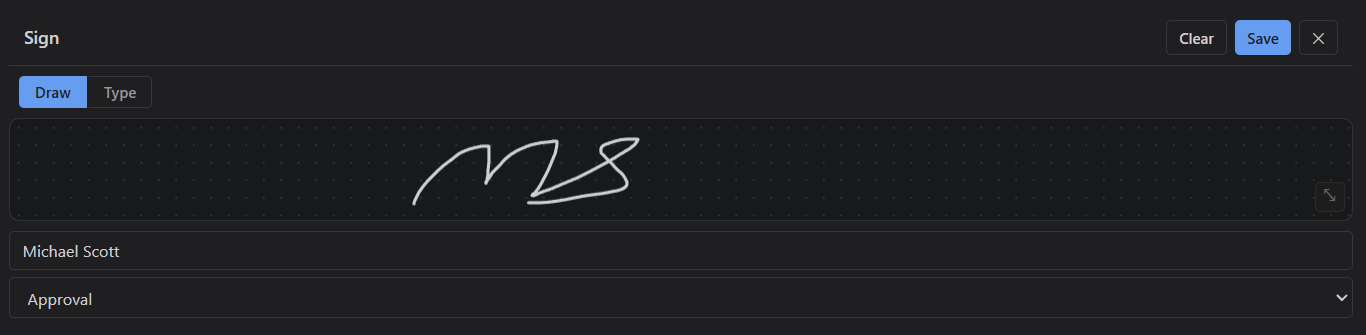 Drawing a signature on the signature canvas